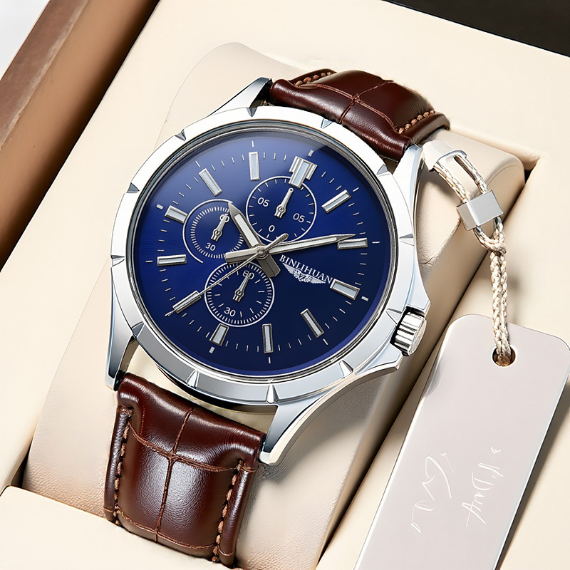 Leather Watch Band Men - Heren chronograaf quartzhorloge, blauwe wijzerplaat, bruine