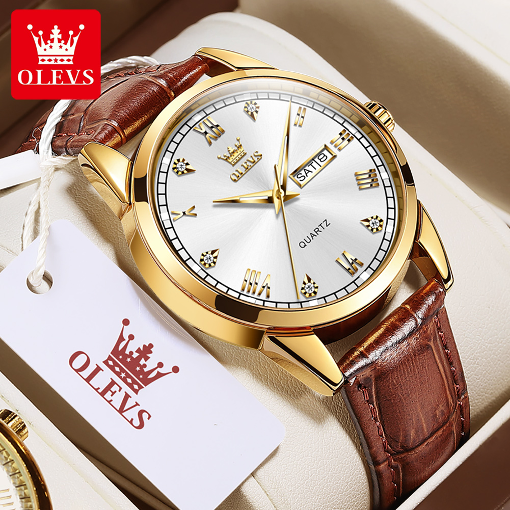 Leather Watch Band Men - OLEVS 6896 Topmerk Heren Quartz Horloge