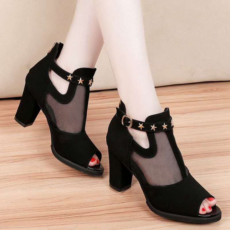 Mesh Strap Metal - Mesh peeptoe blokhakken dames sandalen met